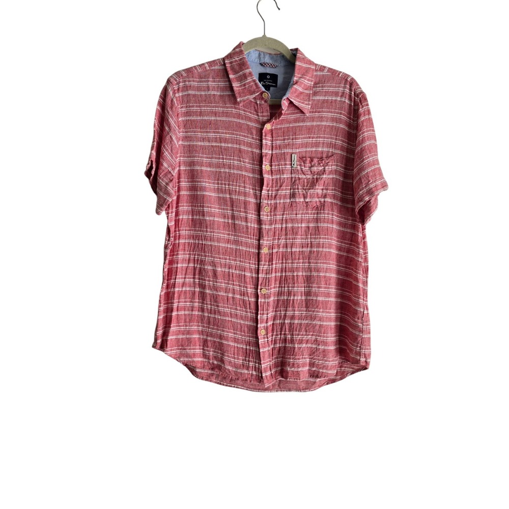 Ben Sherman Mens L Red White Striped Linen Cotton Short Sleeve Button Down Shirt